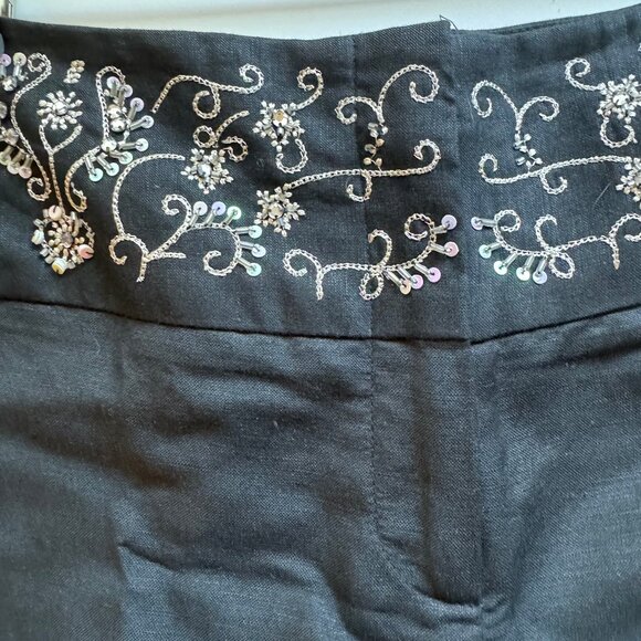 Larry Levine Linen Blend Black Wide Leg Cropped Pants with Beaded Waist - Picture 2 of 5